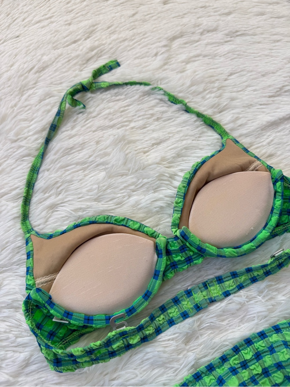 Vintage 90s Jantzen green blue gingham crinkle high cut bikini set medium - Picture 8 of 12
